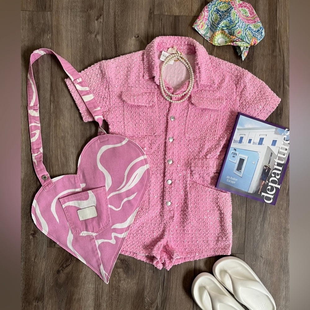 NWT Pink Denim Textured Short Sleeve Romper